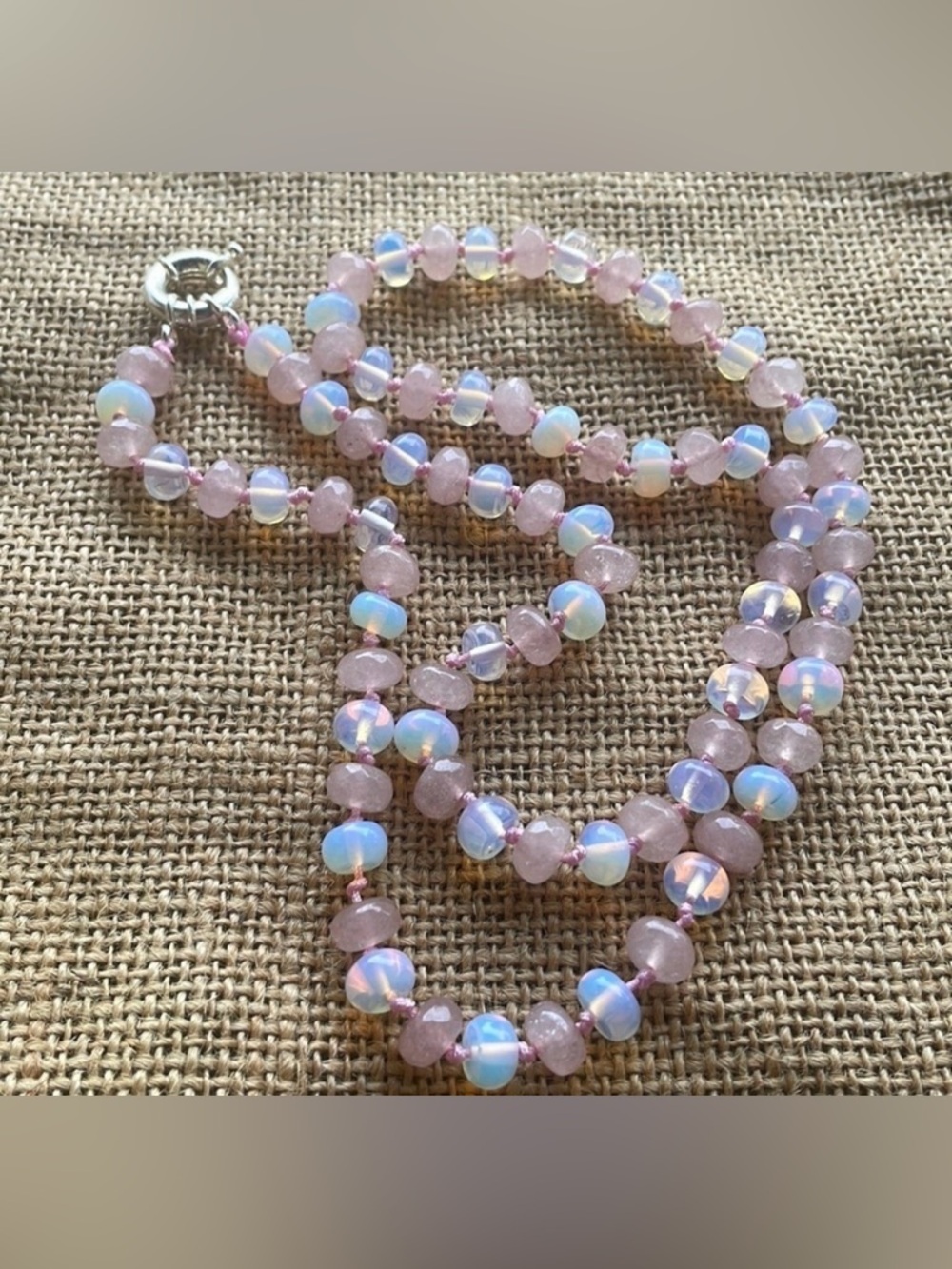 Necklace Opal & Pink Jade Stone Quartz hand made Knotted one of a kind New Beads